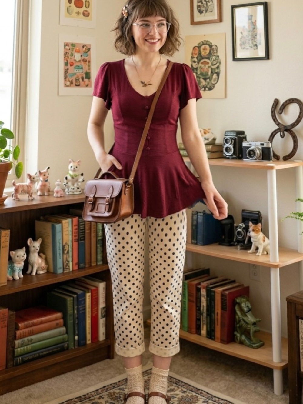 ModCloth Retro Vintage Boho Twee Burgundy Peplum Ruffled Blouse Top S Flutter